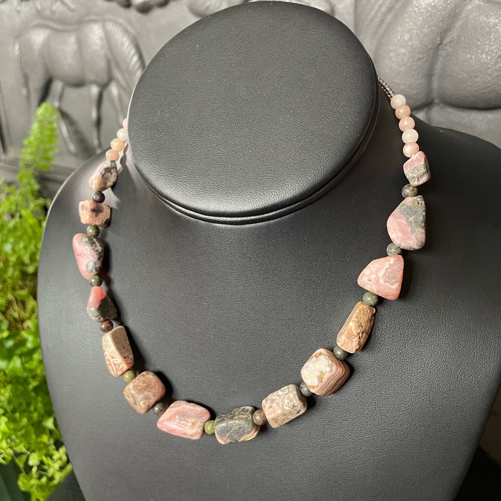 Rhodochrosite, Dragon’s Blood, Sesame Jasper hand-beaded necklace